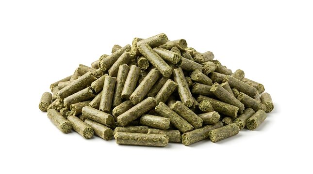 A pile of high-quality green alfalfa pellet feed isolated on a white background, representing nutritious organic livestock nutrition and agricultural supply