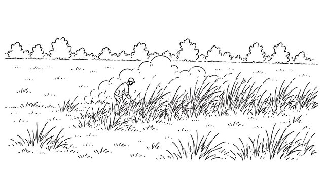 Black and White Line Art Illustration of Worker Extinguishing Grassfire in the Field