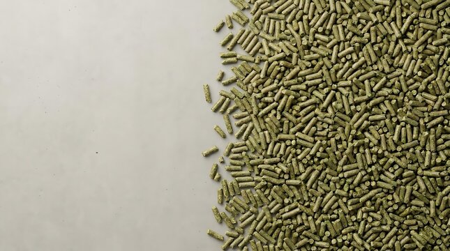 A high-angle close-up view of organic alfalfa pellet scattered on a clean white surface representing livestock feed nutrition for sustainable farming