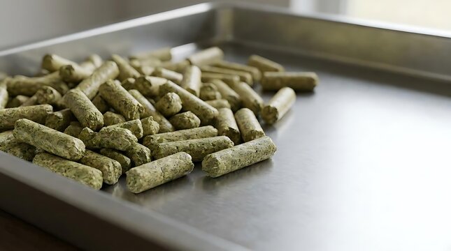 A heap of pressed alfalfa pellet feed piled onto a metallic tray showcasing organic livestock nutrition for agricultural farming and animal husbandry
