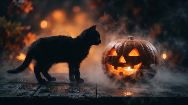 Spooky Black Cat Silhouette Next to Glowing Jack-o-Lantern. Halloween Studio Portrait