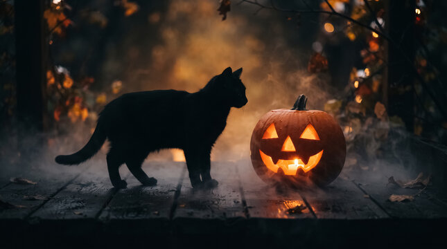 Spooky Black Cat Silhouette Next to Glowing Jack-o-Lantern. Halloween Studio Portrait
