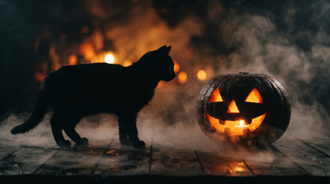 Spooky Black Cat Silhouette Next to Glowing Jack-o-Lantern. Halloween Studio Portrait