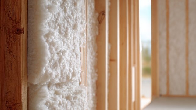 Interior view of wall insulation installation in building construction