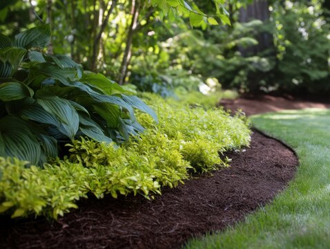 Garden Bed with Green Plants and Black Mulch beside Lawn Turf