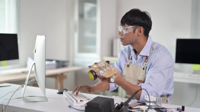 Asian robotics engineer programming self-driving car prototype