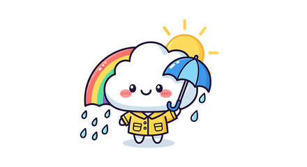 Fototapeta premium Cute Cartoon Cloud Character with Umbrella, Rainbow, and Sun