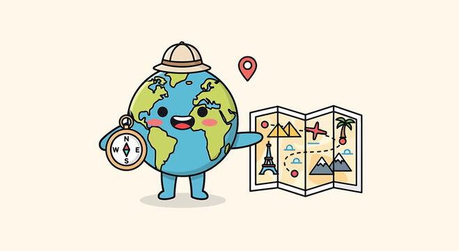 Cute Cartoon Earth Character with Compass and Map, Ready for Adventure and Travel