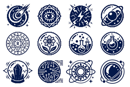 Arcane magic spell and celestial symbol icon collection.