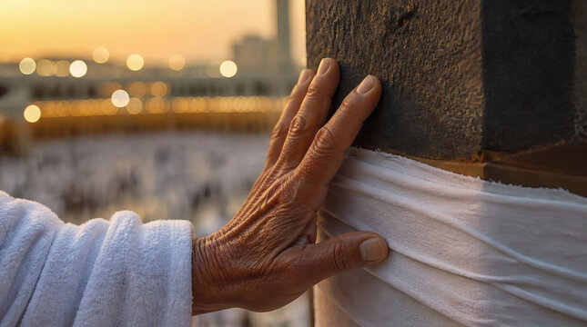 Elderly Pilgrim Touches Kaaba Stone During Sunset Worship