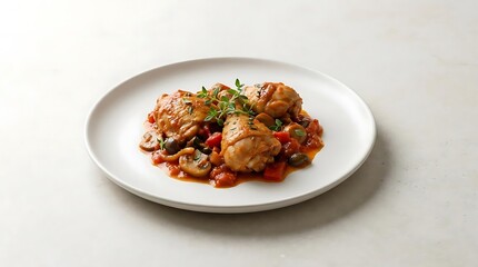 Fototapeta premium A delicious serving of traditional rustic style chicken cacciatore prepared with tender chicken pieces, mushrooms, tomatoes, olives, and fresh herbs