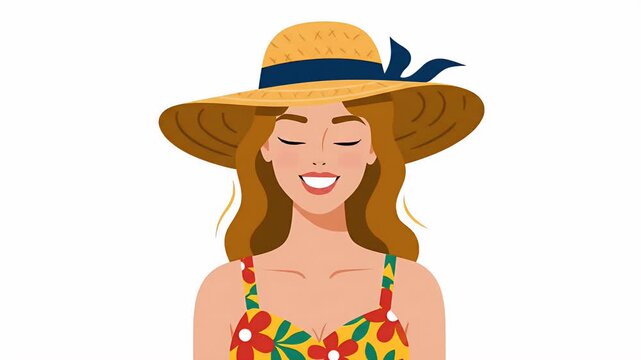 Smiling woman in a straw hat and floral dress, summer vacation, holiday mood, happy expression, bright colors, portrait, animation