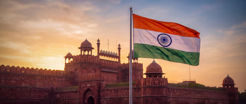 National flag of India fluttering at red fort historic building at dawn. Copy space