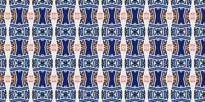 Geometric greek key style seamless pattern in navy blue, cream, and gold for modern decorative wallpapers.