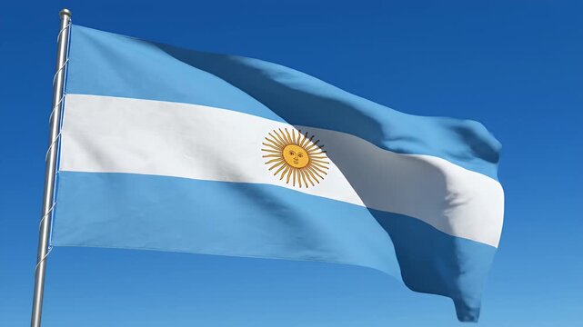 Argentinian flag waving majestically in clear blue sky, national symbol of Argentina with sun emblem, patriotic footage