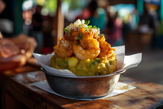 Puerto rican mofongo with shrimp in garlic sauce, caribbean dish