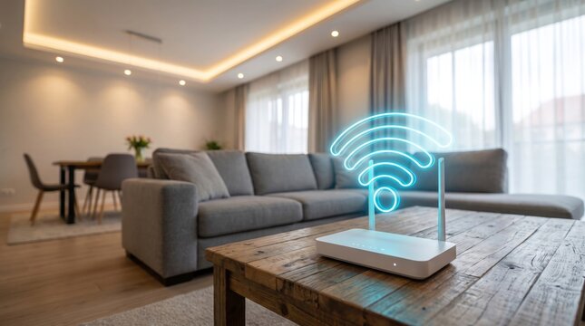 Modern wireless router with a glowing wifi signal icon inside a contemporary luxury living room interior