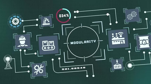 Modularity concept interface illustrating scalable industrial architecture through flexible engineering components.