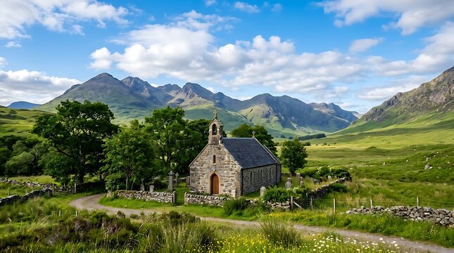 Stunning scenic view of the historic church in the Scottish Highlands.