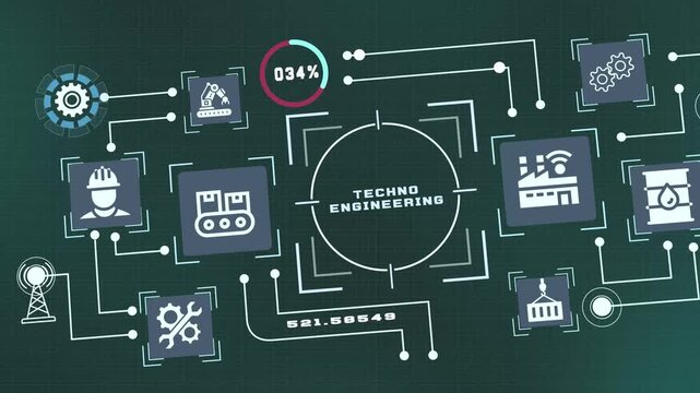 Advanced techno engineering dashboard visualization featuring connected manufacturing systems and intelligent industrial infrastructure.