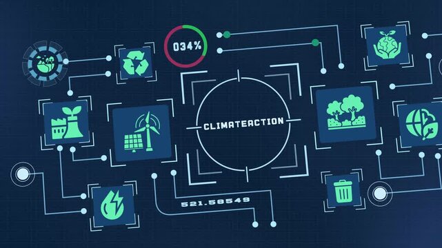 Climate action concept with renewable energy, carbon reduction, environmental protection and smart technology supporting a resilient low-carbon future.