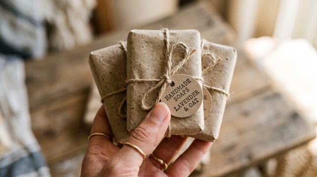 Handmade Lavender Oat Soaps Wrapped in Kraft Paper Tied with Twine