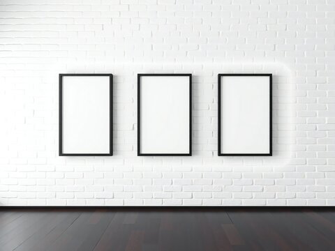 Three empty frames on white brick wall