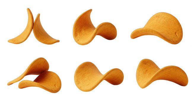 close-up of six individual potato chips arranged texture on a white background useful for food snack or culinary advertisements