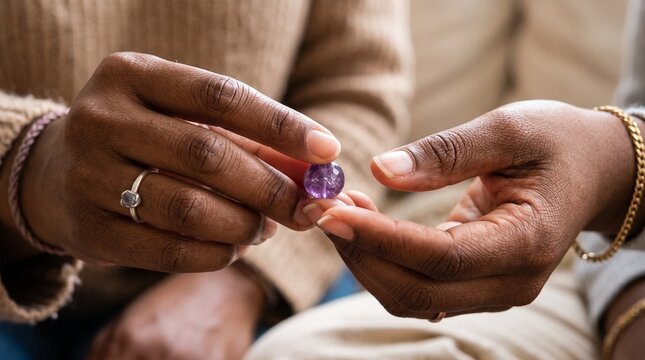 Black woman's hands holding a purple amethyst bead, thoughtful gift idea