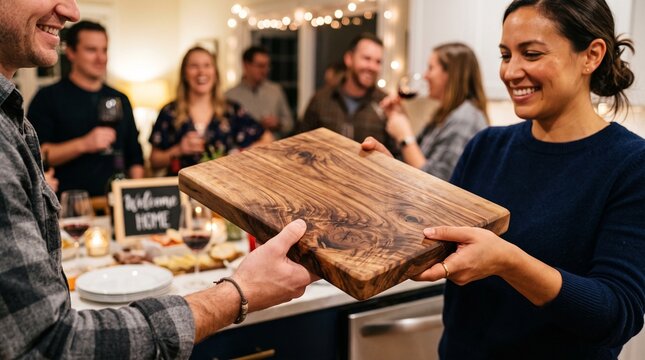 Friends gather for a warm home welcome party, sharing a gift of a wooden cutting board