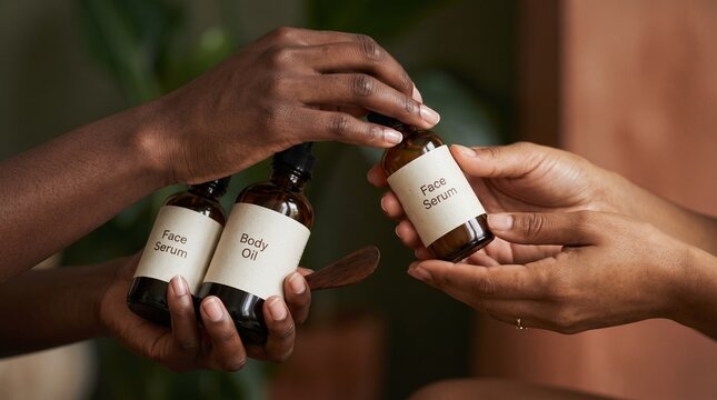 African American Hands Exchange Skincare Products, Face Serum and Body Oil Bottles