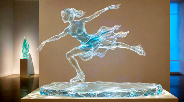 dynamic figure skater with a flowing dress and detailed ice skates, captured in an energetic gliding motion glass sculpture