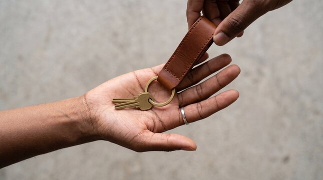 Handing over keys with leather keychain, symbolizing new beginnings, home ownership, and thoughtful gifts