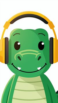 Cute cartoon alligator wearing yellow headphones, smiling with eyes closed, animation loop