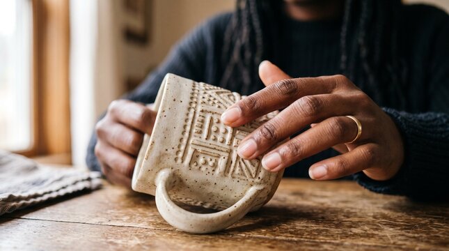 Black woman's hands holding a textured ceramic mug, thoughtful gift idea