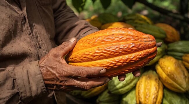 A farmer holding a ripe orange cacao pod in a cocoa plantation, showing sustainable harvesting, agriculture, organic farming and raw food production