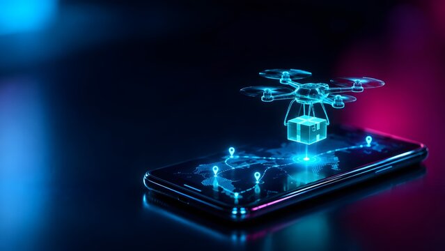 Smartphone screen displaying glowing blue holographic drone carrying package over world map. Concept of global drone delivery service, futuristic logistics technology, international courier tracking