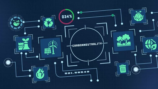 Carbon neutrality concept with emission reduction, renewable energy, climate targets and connected technology for sustainable transition.