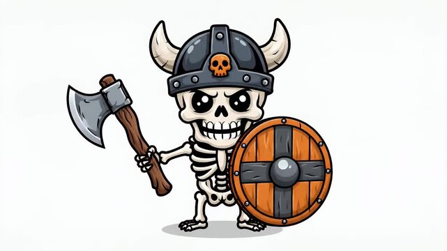 Cute cartoon skeleton warrior with axe and shield, pixel art style, isolated on white