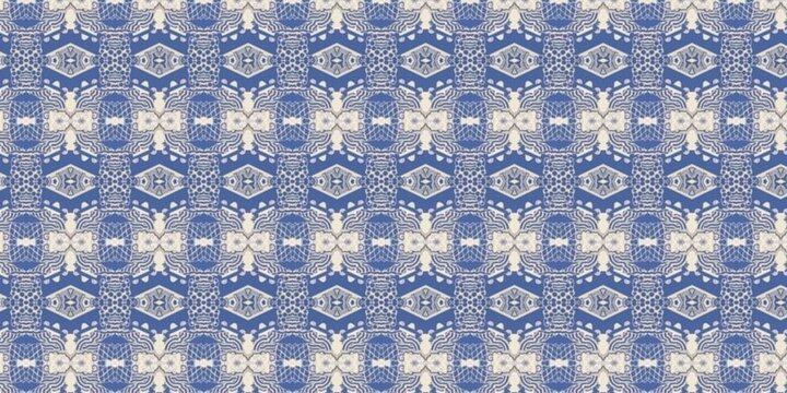 Intricate traditional denim blue and cream ornamental folk pattern background for classic textile wallpaper.