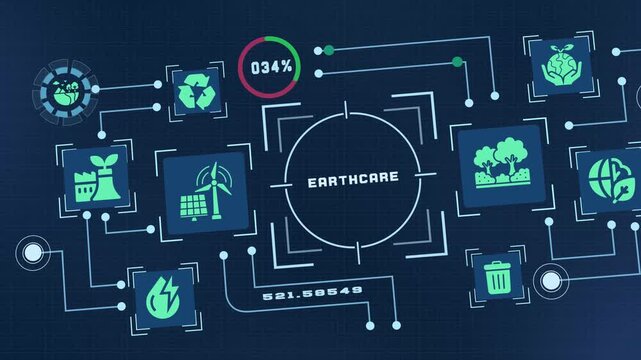 Earth care concept with environmental icons, circular resources, clean technology and connected eco solutions for a greener future.