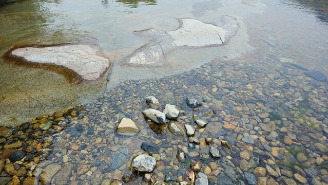 Clear shallow stream flowing over smooth rocks and pebbles in nature.