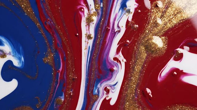 Blue and red liquid paint swirls with gold glitter, abstract texture motion graphic