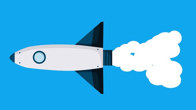 smoky rocket animation on a transparent background, a blue and white rocket releasing smoke effects, this looping animation video has a flat design style