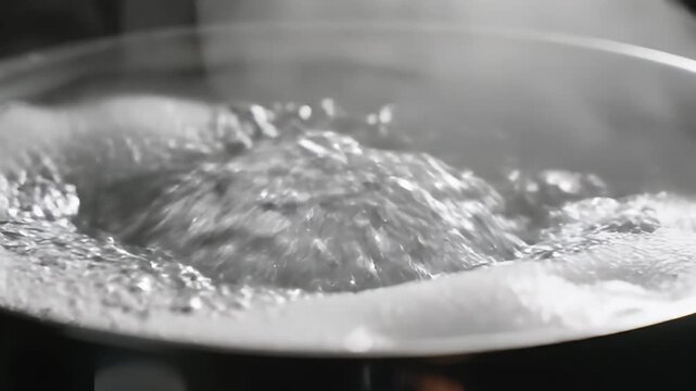 Close-up of water boiling with bubbles in metal pot.
