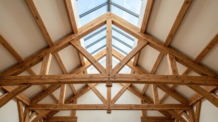 Fototapeta premium Exposed timber frame ceiling with striking wooden beams and glass skylight, showcasing rustic architectural construction and natural light.