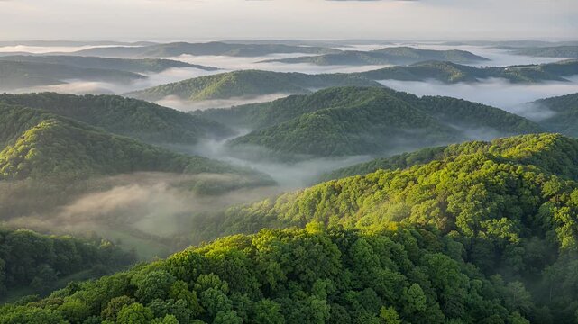 misty forest hills panorama at sunrise over foggy green valleys