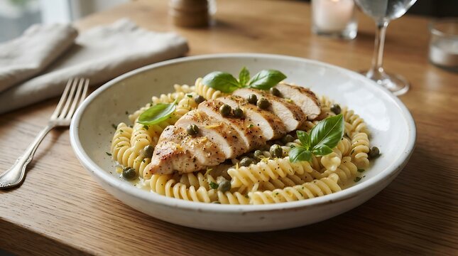 Flame-chicken piccata pasta served in a white bowl with fresh basil and capers on a rustic wooden table for a delicious and healthy home cooked meal
