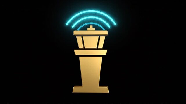 Golden Airport Control Tower Icon Animation with Glowing Blue Radar Waves Symbolizing Flight Communication Systems