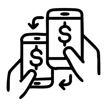 Line art icon depicts hands holding smartphones that display dollar signs, arrows indicating an exchange between them represent mobile money transfers, digital currency exchange, peer-to-peer payments
